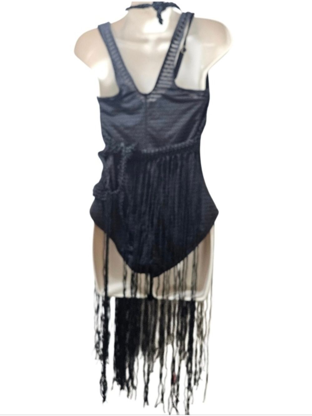 BLACK HAND CRAFTED CROCHET FRINGE HALTER TOP VNECK 2-WAY FESTIVAL BEACH COVER UP - Picture 5 of 17